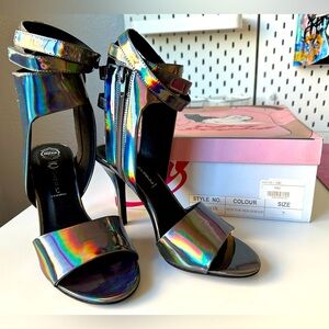 Jeffrey Campbell Skybox Strappy Heel in Pewter Hologram
